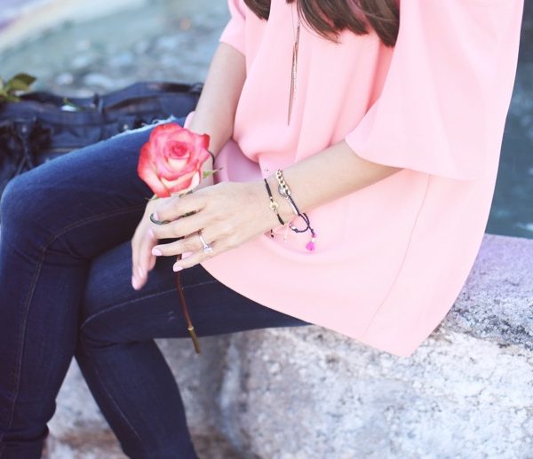 casual valentines day outfit idea pink cold shoulder top