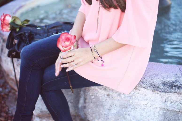 casual valentines day outfit idea pink cold shoulder top