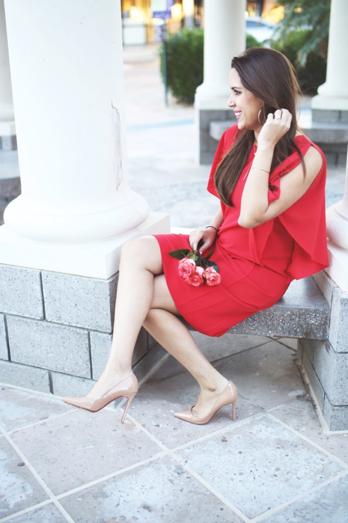 Red cocktail dress and gold accessories. This red cocktail dress is under $100! Perfect for Valentine's Day or date night outfit idea. Click to see the rest of the outfit.