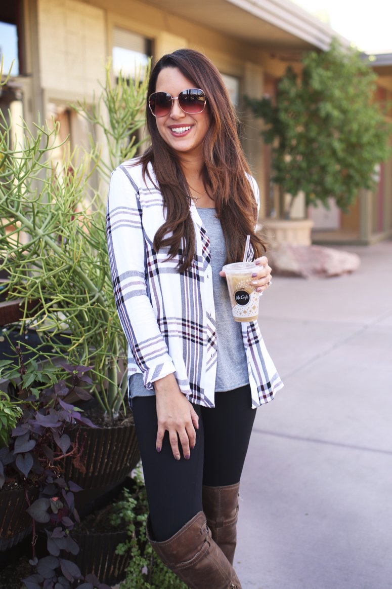 rails hunter plaid shirt with leggings and over the knee boots