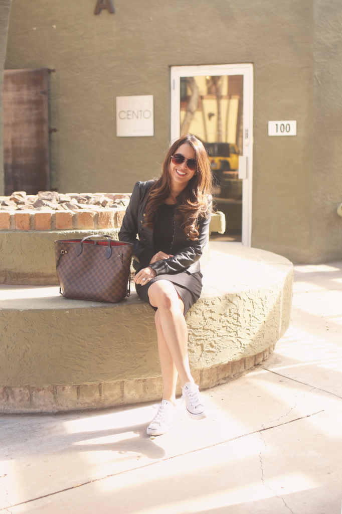 black dress leather jacket outfit