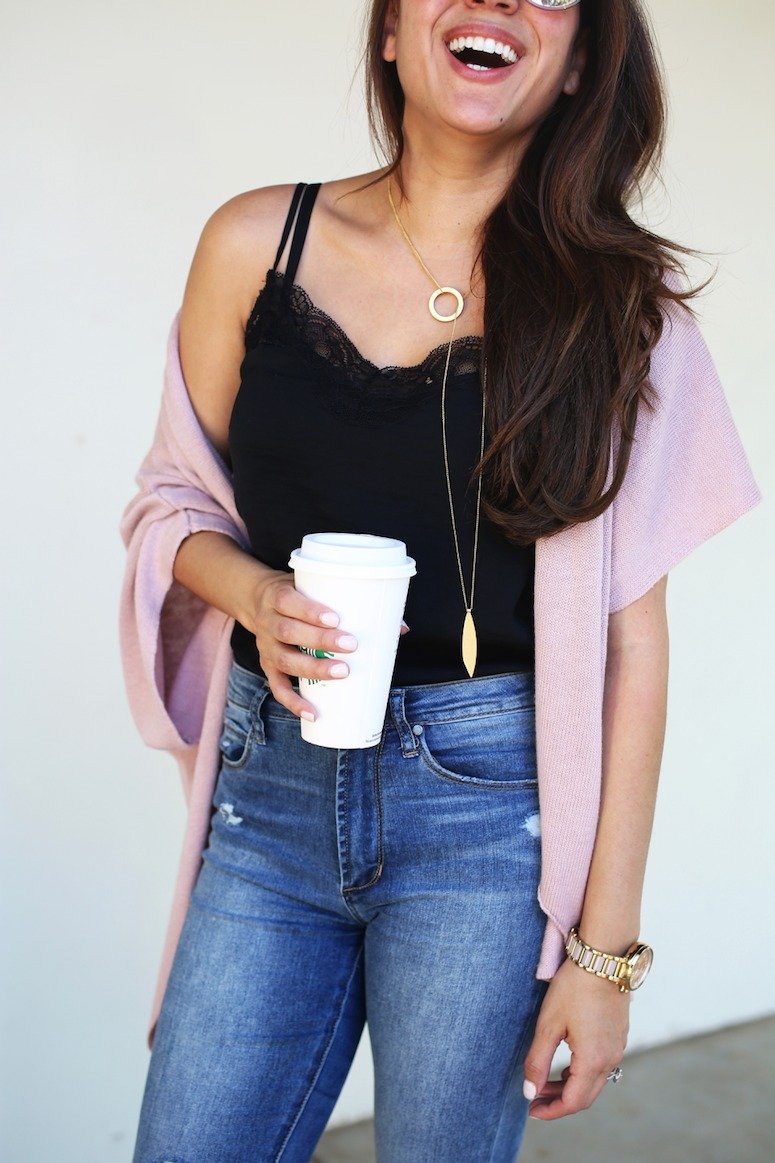 The cutest lace cami + cardigan outfit idea with layered necklace. Click to see the full post and why this is a foolproof outfit formula!