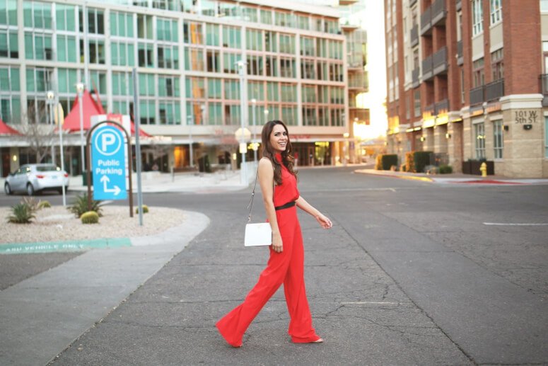 lulu's red halter jumpsuit with louis vuitton belt 