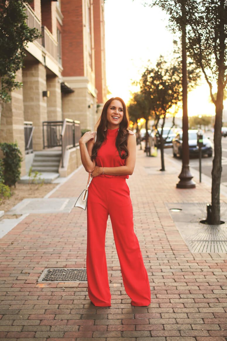 red halter jumpsuit outfit from lulus | best fashion blogs for moms  