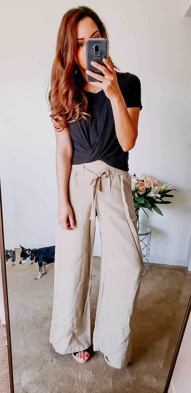 target linen wide leg pants with black crop top