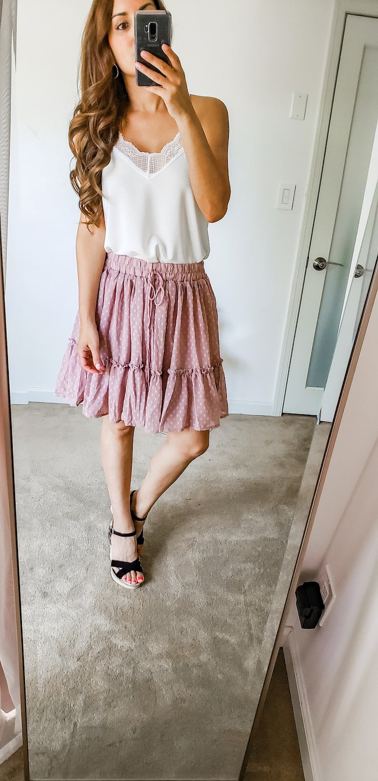 pink ruffle skirt and white cami 