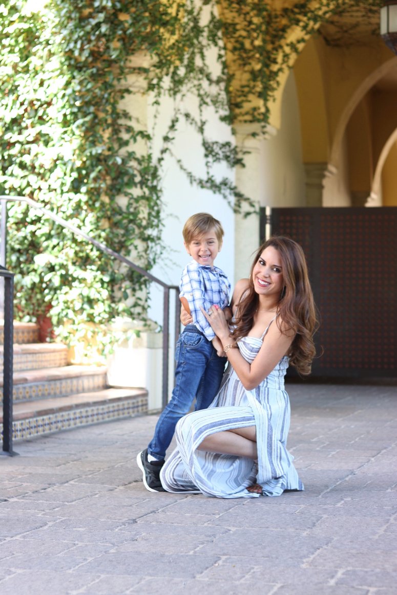 mother and son wearing blue outside