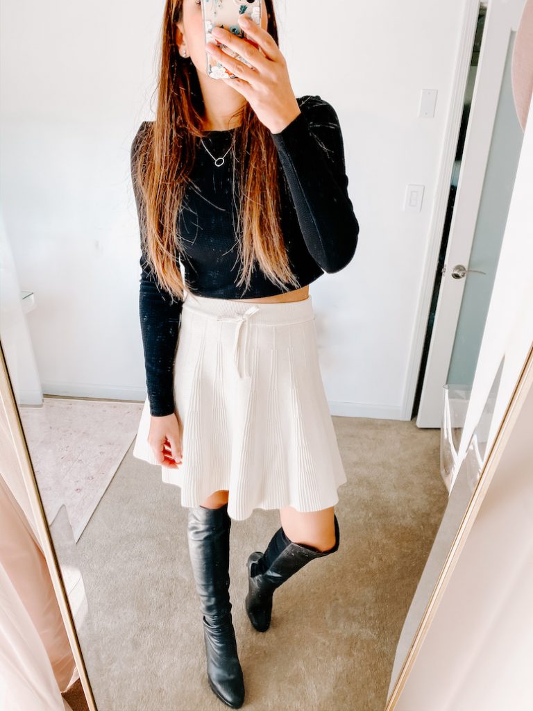 fall skirt outfit with over the knee boots