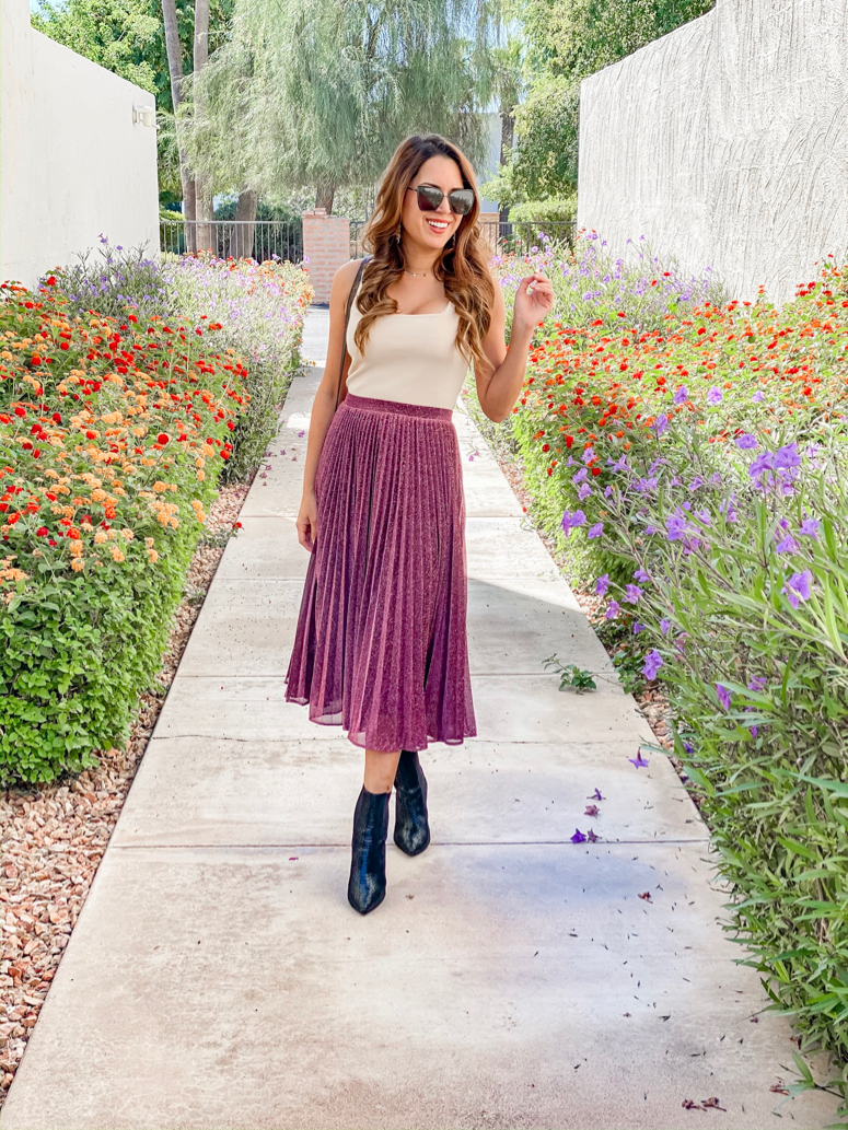 shimmer pleated midi skirt a classy fall skirt outfit idea