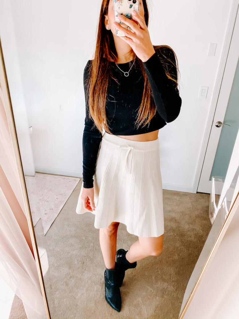 cream midi skirt with black booties 