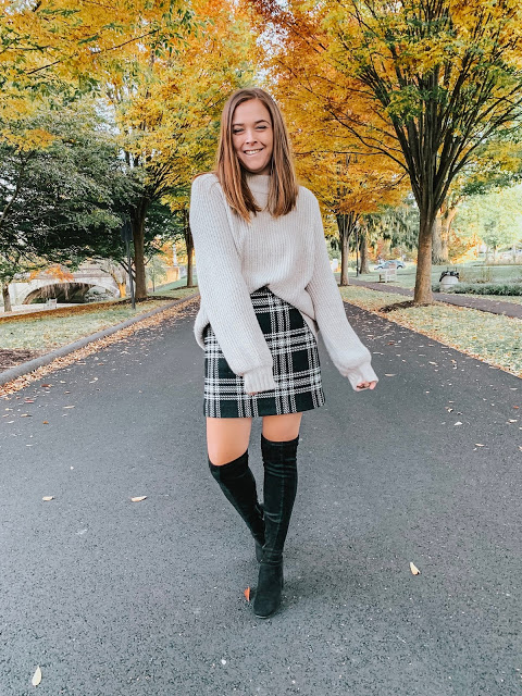 plaid skirt with sweater thanksgiving outfit 