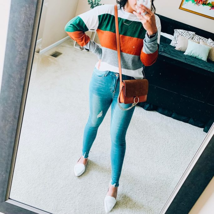 striped sweater with jeans outfit 