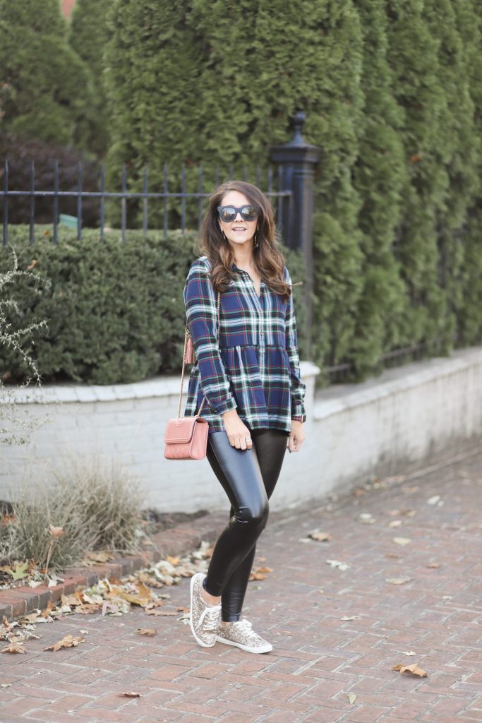 liquid leggings with flannel and sparkly sneakers 