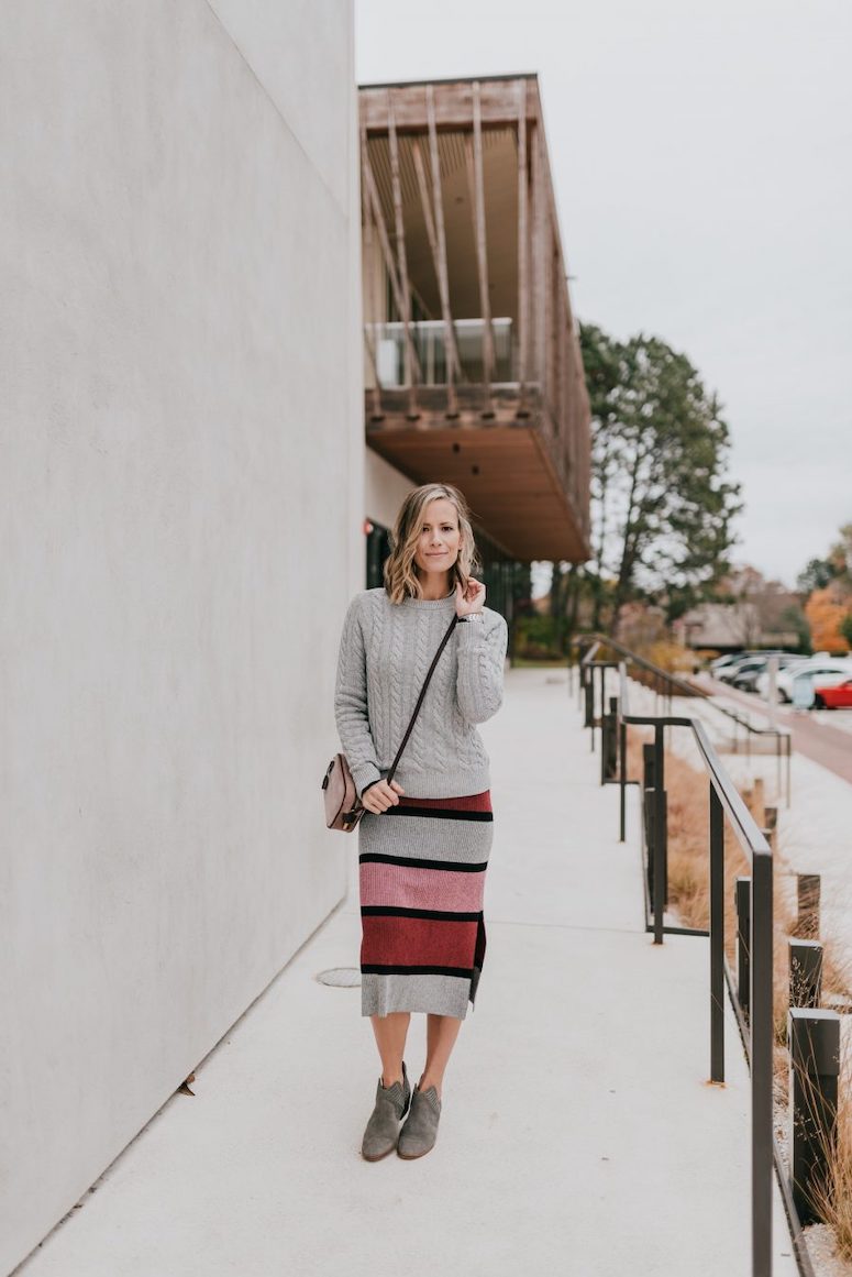 cute striped skirt outfit with sweater