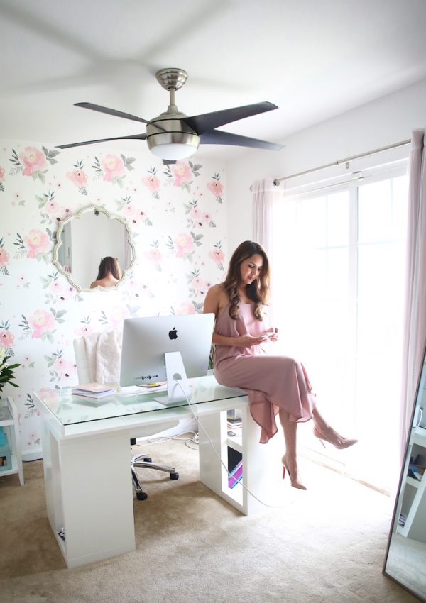 blogger office tour | pink feminine floral home office decor