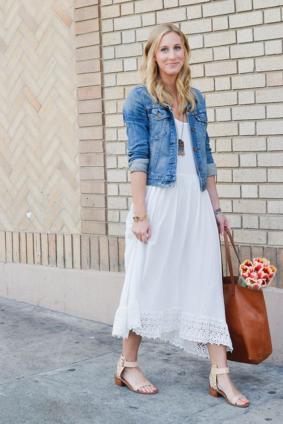 white dress denim jacket outfit 