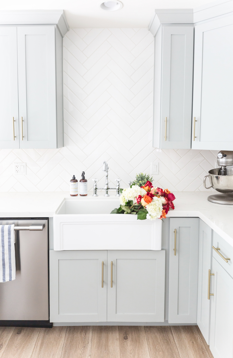 farmhouse sink filled with flowers