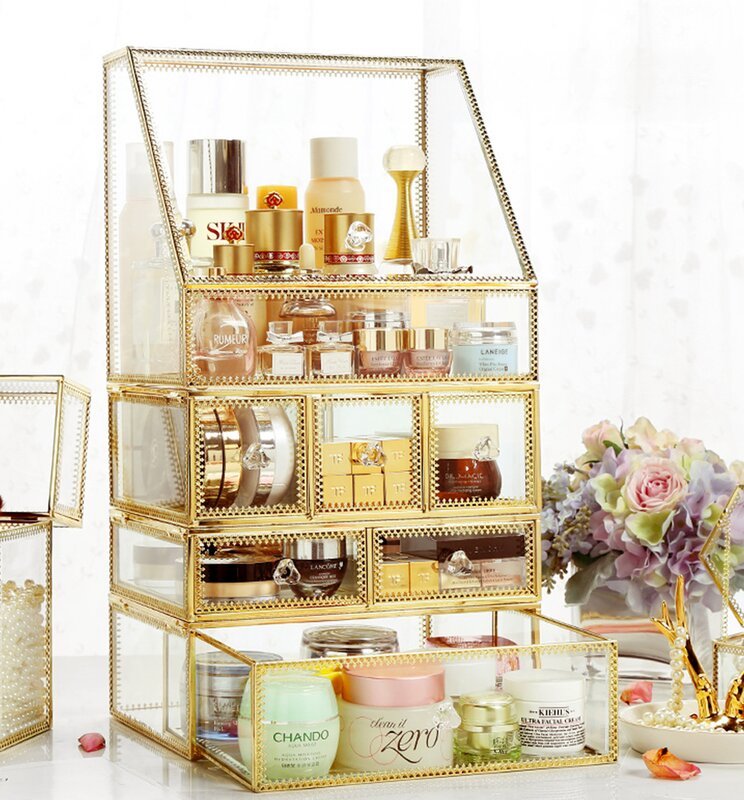 gold and glass makeup organizer