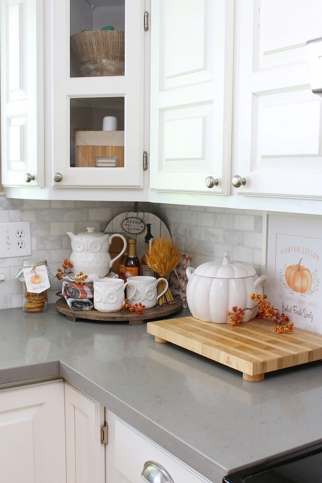 cute fall kitchen decor in corner of kitchen