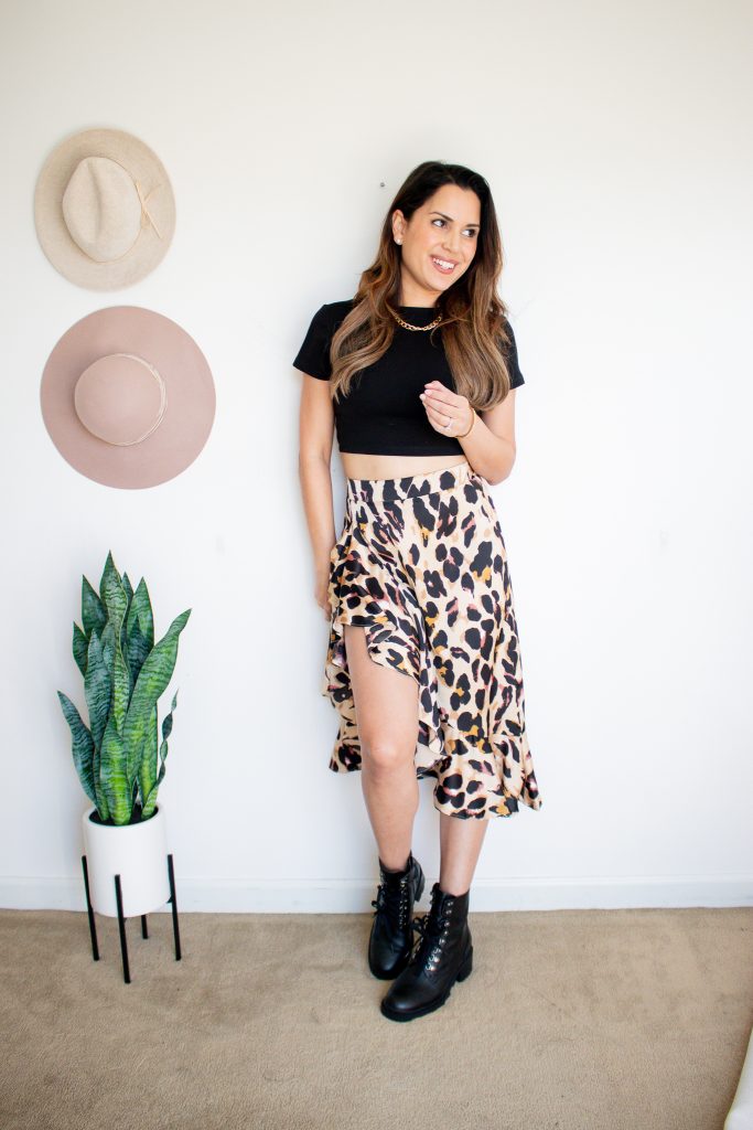 ways to wear satin animal print skirt outfit combat boots crop top outfit