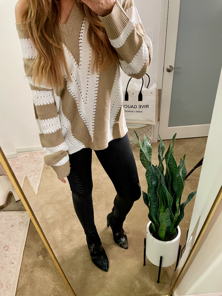 casual thanksgiving outfit idea striped amazon sweater with leggings