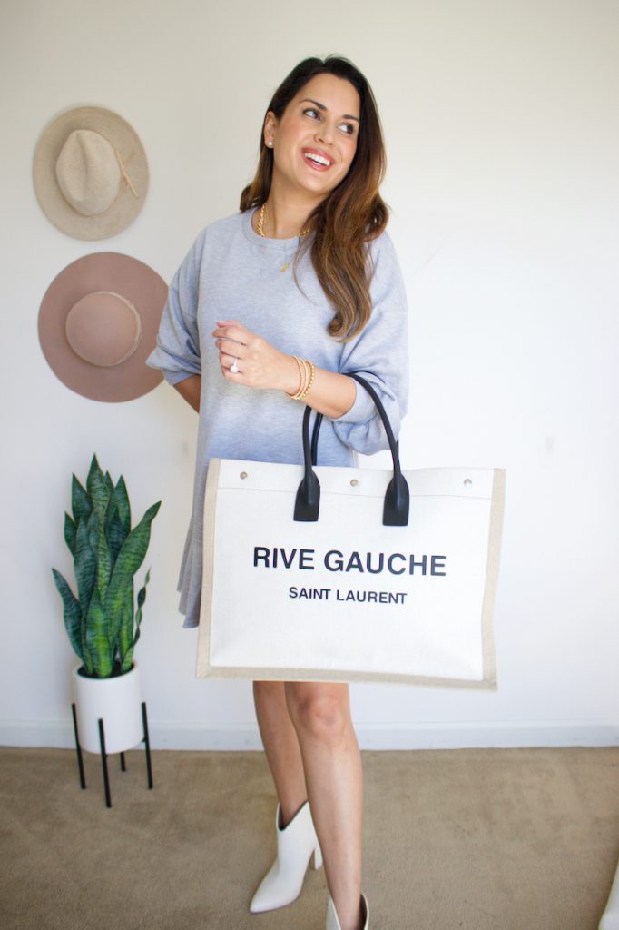 grey ruffle dress chicwish thanksgiving outfit idea with rive gauche tote saint laurent