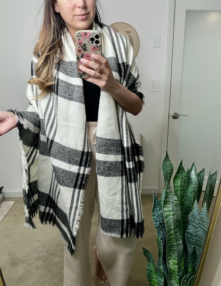 Zara plaid blanket scarf, how to wear a blanket scarf, H&M camel wool  panama hat, Louis Vuitton totally mm tote - Meagan's Moda