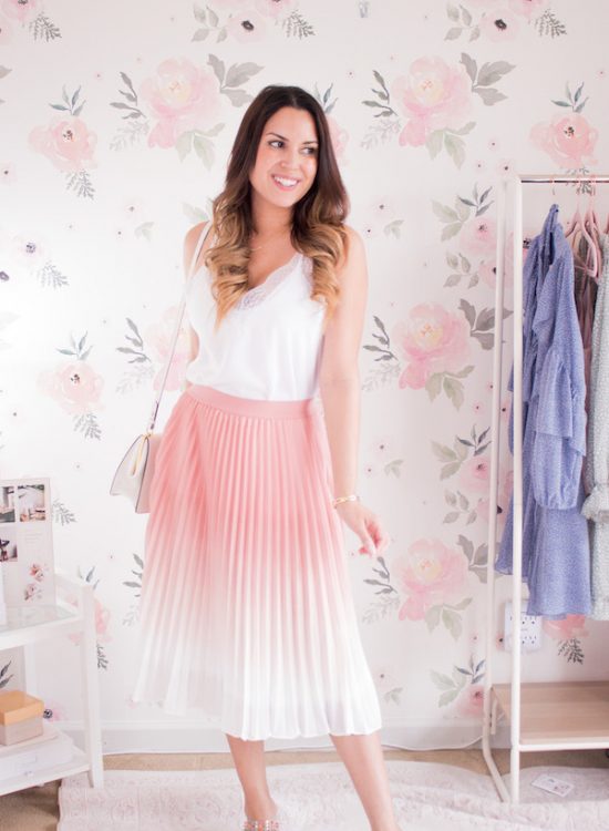 pink pleated midi skirt