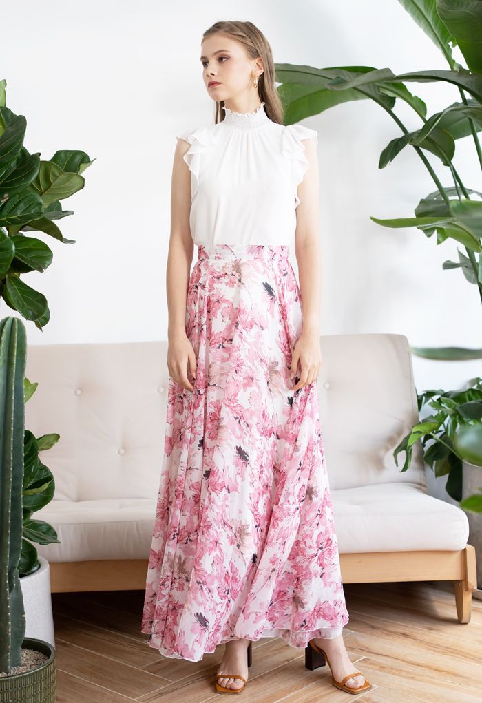 floral print pink maxi skirt outfit