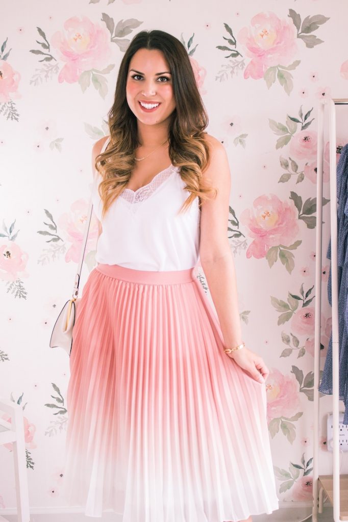 outfits with pink skirts: pink pleated midi skirt 