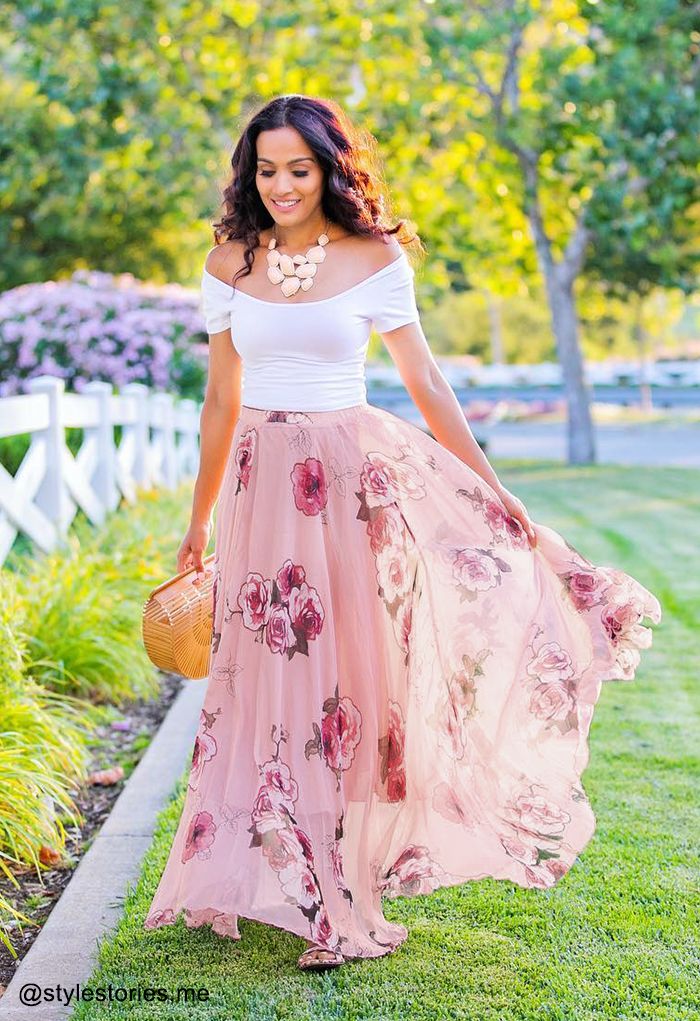 floral pink maxi skirt outfit 