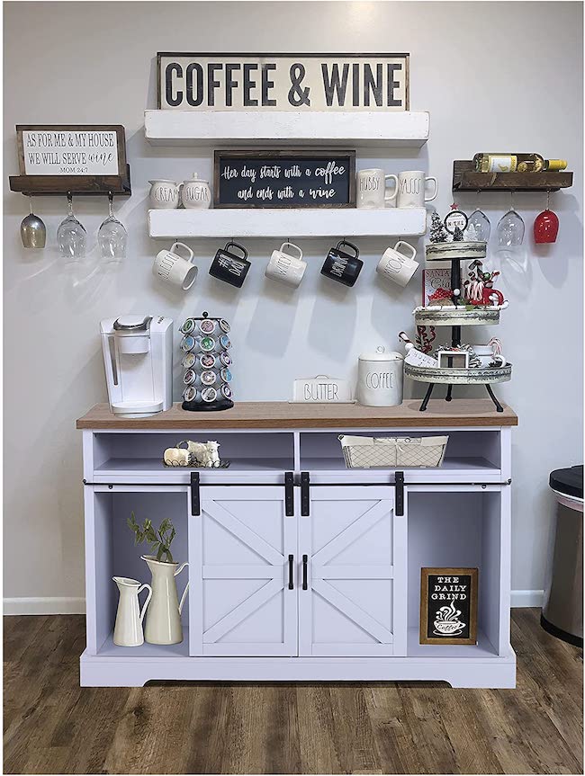 Antique White Coffee Bar, Black Coffee Bar, Beverage Station 