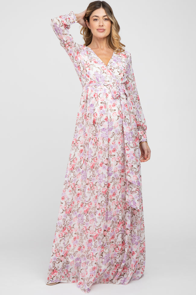 floral print long sleeve maternity dress 