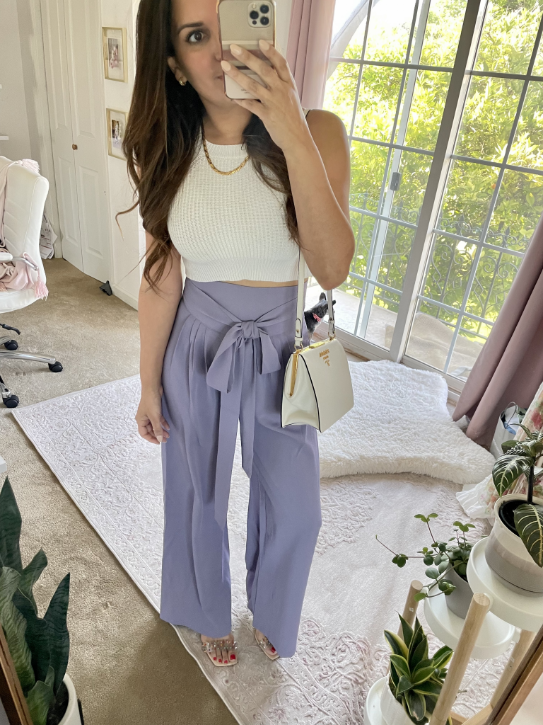 chicwish purple bow pants with whtie crop top