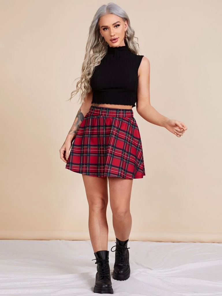 short red plaid skirt outfit, how to wear a red skirt