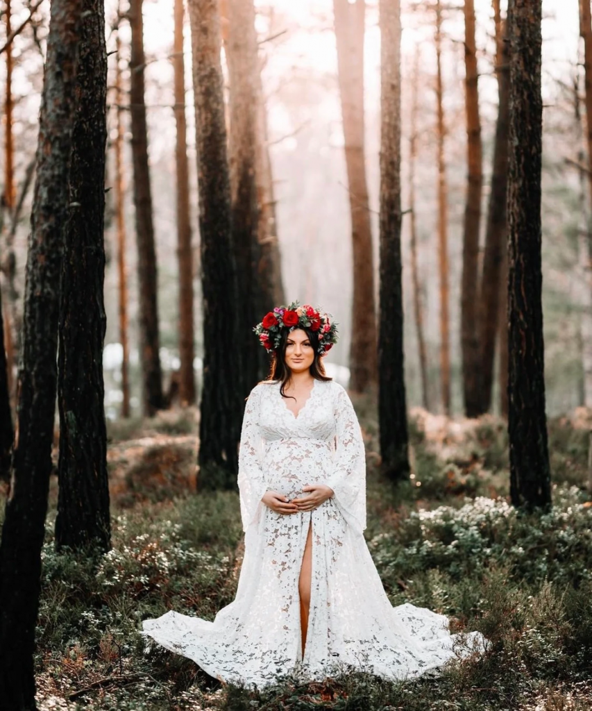 white lace maternity dress with flower crown