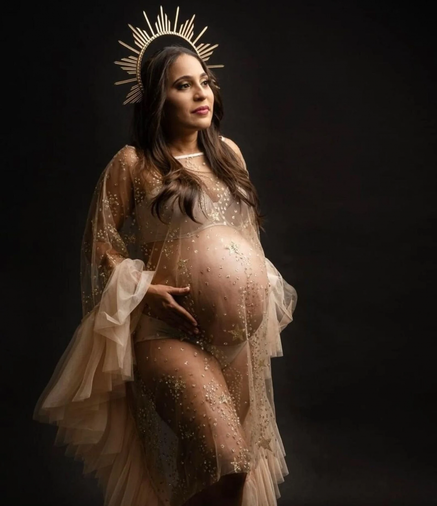 sheer maternity gown for photos 