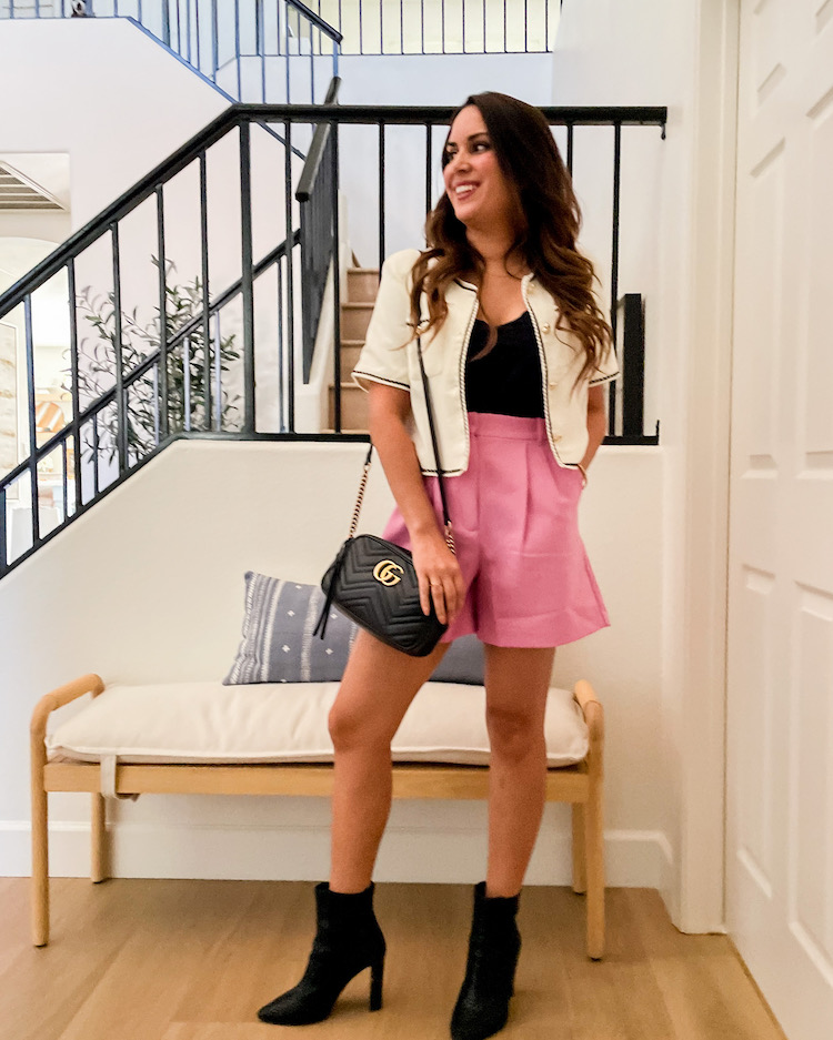 pink abercrombie shorts with chicwish cropped blazer outfit black gg marmont gucci crossbody