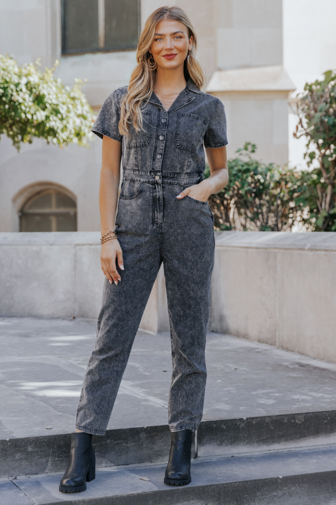 dark denim jumpsuit outfit