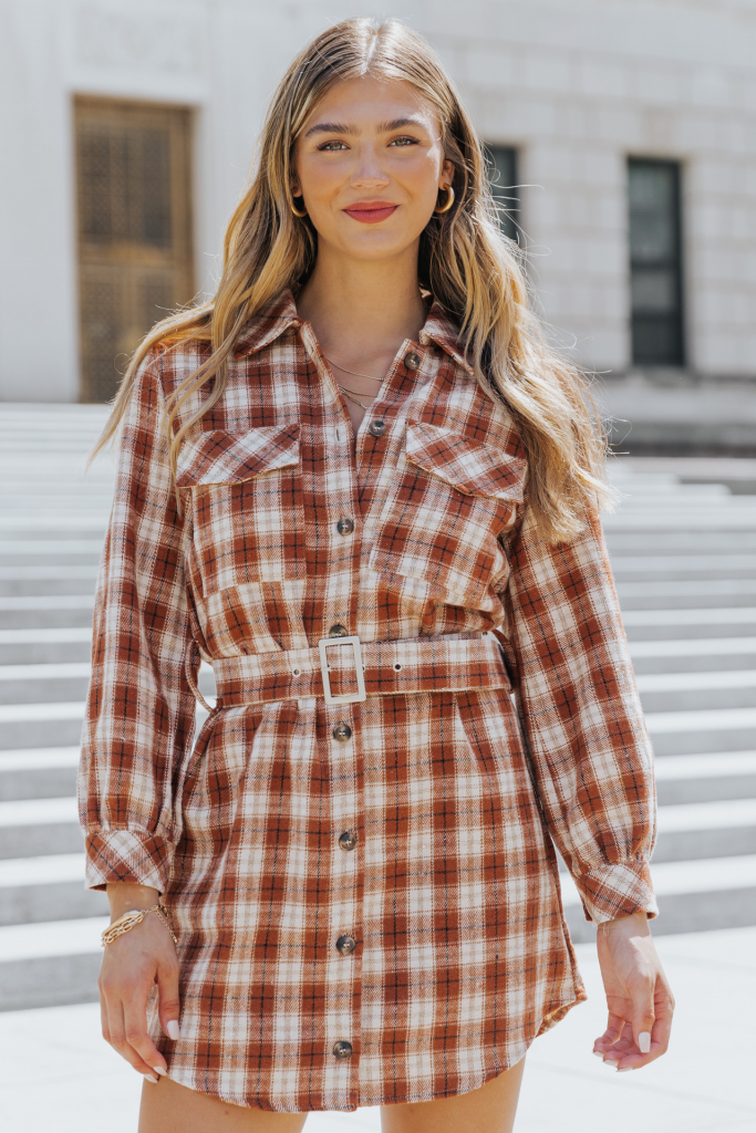 orange plaid shirt dress 