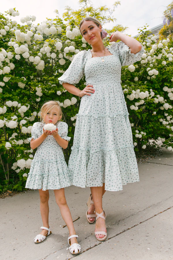 floral women's midi dress and little girl mini dress, matching thanksgiving outfits 