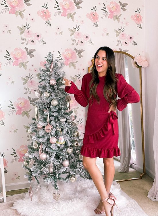 burgundy ruffle christmas dress with pink bow heels