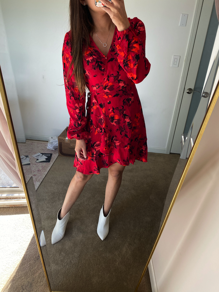 red dress with white ankle boots 