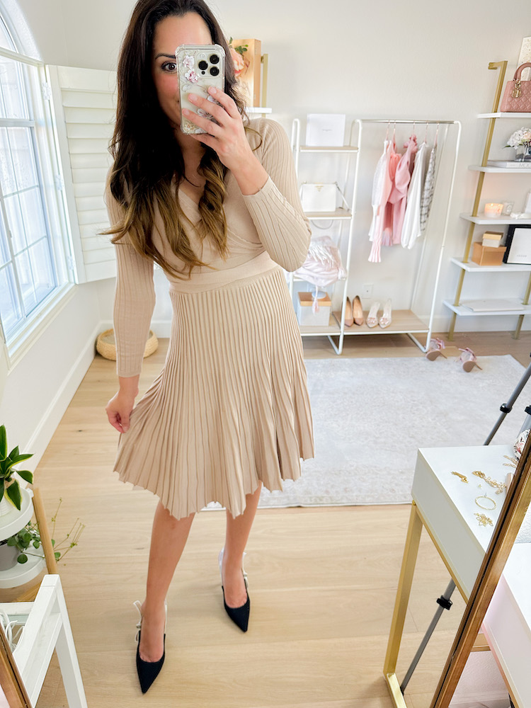 blush knit sweater dress pleated skirt black heels