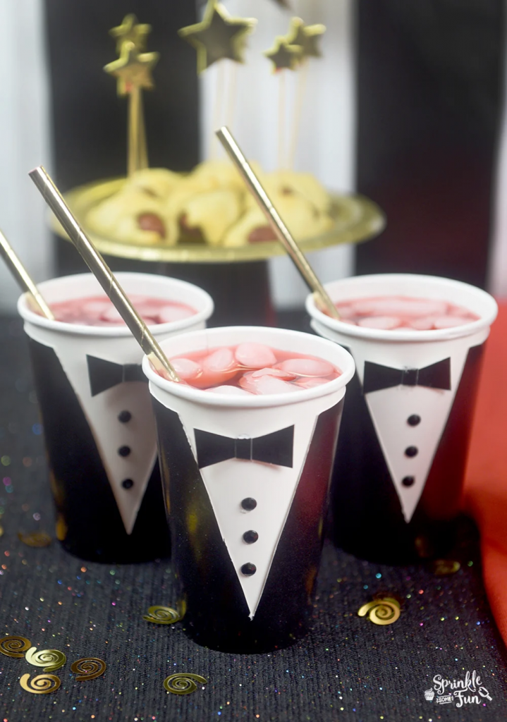 DIY tuxedo cup for movie night theme party oscar party idea 