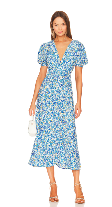 blue floral print wrap dress 