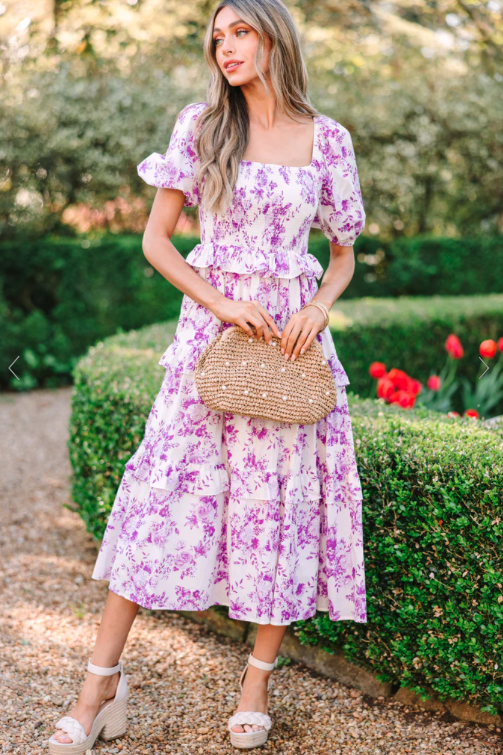 floral print smocked midi dress with tiers