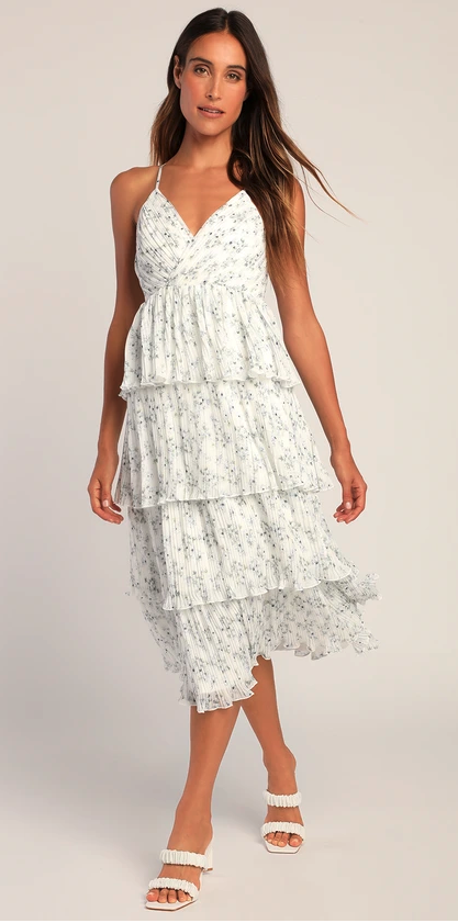 floral print midi dress tiered pleated 