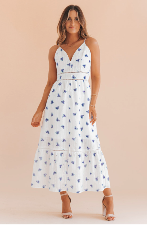 blue and white floral midi dress, easter outfits church