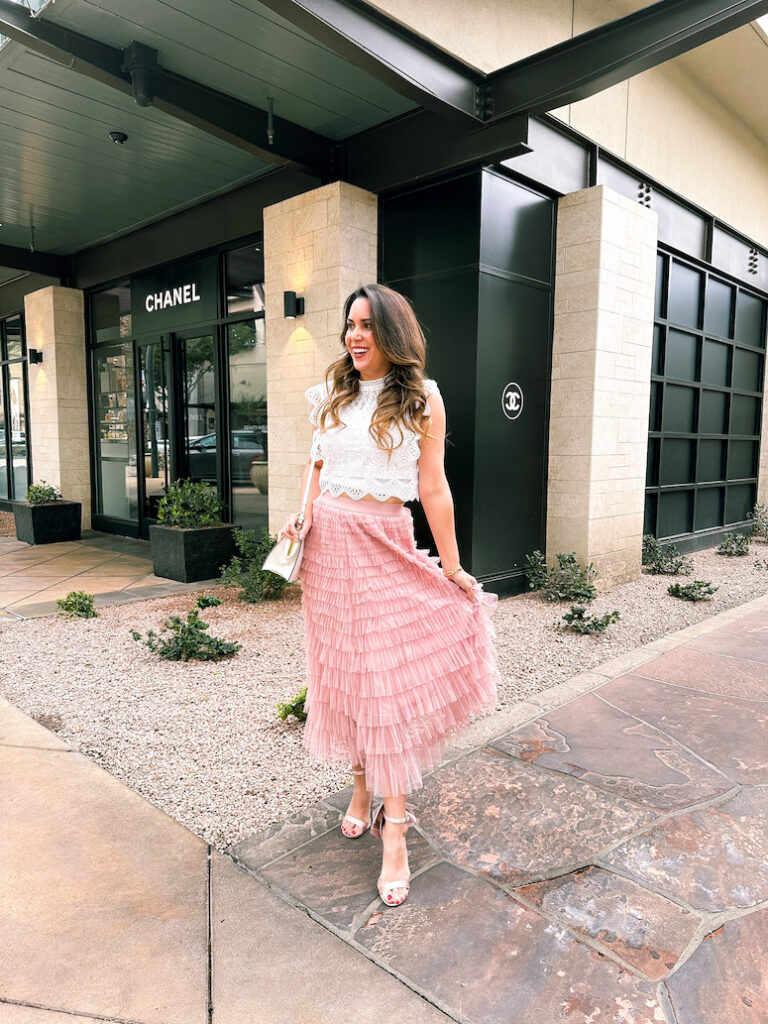 pink tulle skirt lace top heels outfit 